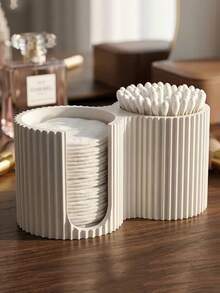 1pc Minimalist Striped Cosmetic Storage Box, Creative Cotton Swab Holder, 2-In-1 Bathroom Cotton Swab Box, Countertop Organizer, Bedroom Vanity High-V Decor, Mother's Day Gift, Modern Cream Style New Home Gift - Multicolor - View 1