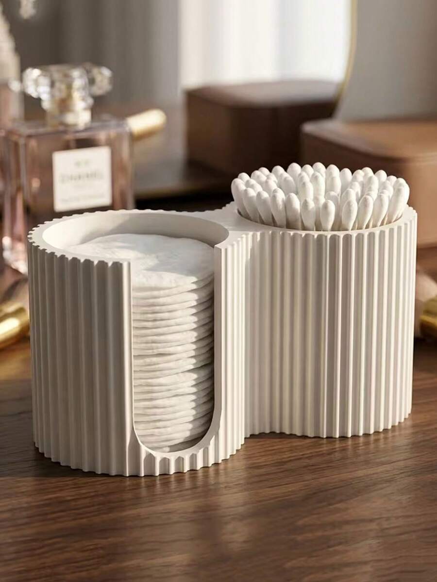 1pc Minimalist Striped Cosmetic Storage Box, Creative Cotton Swab Holder, 2-In-1 Bathroom Cotton Swab Box, Countertop Organizer, Bedroom Vanity High-V Decor, Mother's Day Gift, Modern Cream Style New Home Gift - Multicolor - View 1