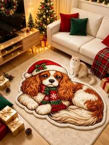 1pc Christmas Hat Dog Bedroom Art Rug, Personalized Aesthetic Style Decorative Carpet, High-Value Plush Asymmetrical Shaped Large Rug For Bedroom Bedside, Vanity, Living Room, Ins Style Space Aesthetic Atmosphere Blanket, Dopamine Cream White Cute Cat Lover Pet Owner Home Decor Accent, Large Area Rug, Carpet, Mat, Home Decoration, Area Rug, Casual Blanket, Asymmetrical Large Rug, Bedroom Large Rug, Washable Rug - Multicolor 2 - View 2