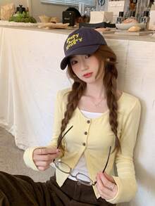 Sweet & Cute 2 In 1 Patchwork Long Sleeve T-Shirt, Women's Autumn Top - Yellow - View 3