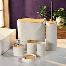 Bathroom Accessories Set 4 Pcs/6 Pcs, Wash Set With Bamboo Lid Opposite Straps/EssentialsBath Accessories, DecorationBathrooms - White - View 5