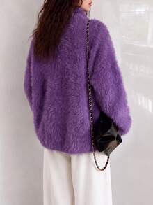 Women's Autumn/Winter Casual Minimalist Loose Slimming Fuzzy Zip-Up Knit Cardigan Sweater Jacket - Purple - View 2