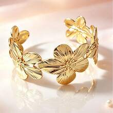 金色花朵開口式手鐲 3D花卉金屬寬版手鍊 可調節個性化女款首飾 日常派對禮物 - 金色 - 查看 1
