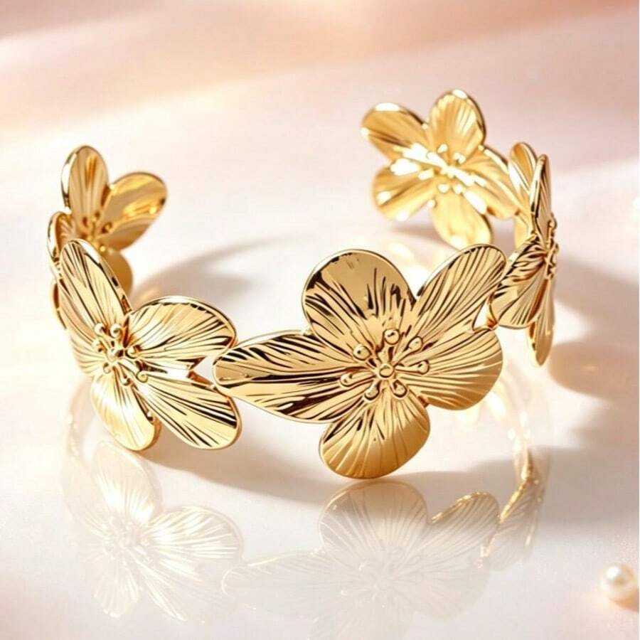 金色花朵開口式手鐲 3D花卉金屬寬版手鍊 可調節個性化女款首飾 日常派對禮物 - 金色 - 查看 1