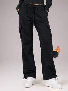 CZRLHYT Women's Knitted Outdoor Casual Sporty Style Solid‑Color Drawstring Wide‑Leg Sweatpants For Skiing, Jogging And More - Black - View 1