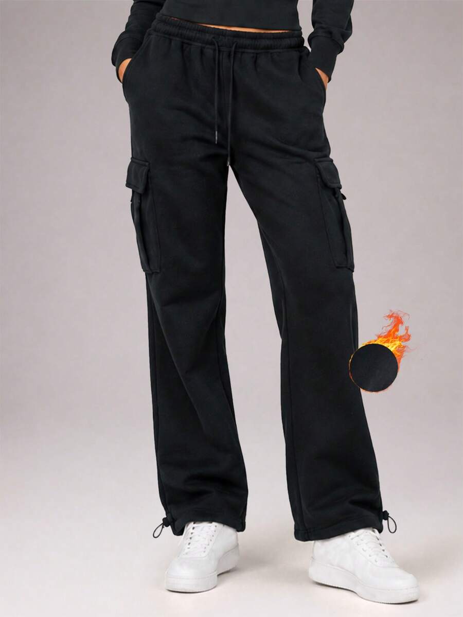 CZRLHYT Women's Knitted Outdoor Casual Sporty Style Solid‑Color Drawstring Wide‑Leg Sweatpants For Skiing, Jogging And More - Black - View 1