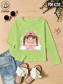 Girls Cotton Raglan Long Sleeve Tee For Fall Winter, Cartoon Rainbow Cloud Heart Girl Print, Cute Sweet Preppy Style - Fruit Green - View 3