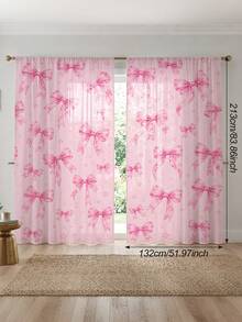 2pcs Pink Bow Print Curtains, Rod Pocket Polyester Bedroom Curtains, Sweet Romantic Home Decor, Living Room Bay Window Curtains, Room Soft Furnishing Textile - Multicolor - View 13