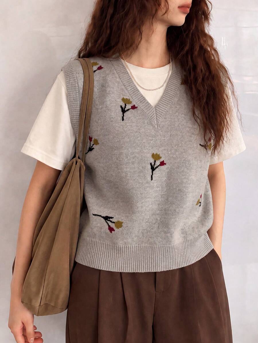 Women's Autumn/Winter Casual Minimalist Elegant Gentle Style Floral Pattern V-Neck Pullover Sweater Vest - Apricot - View 1