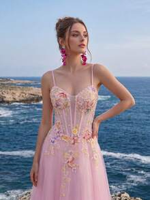 Anymoon Women's Ruched Bust Floral Embroidered Contrast Mesh High Waist Long Evening Gown - Pink - View 7
