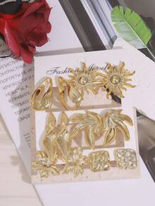 2-12PCS Gold Sunflower Bird Leaf Earrings Set - Gold - View 2