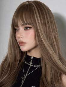 32 Inch High Gloss Platinum Brown Long Wavy Synthetic Wig With Bangs, Heat Resistant Loose Curly Hair For Women, Adjustable Wig Cap, Suitable For Daily Wear, Party, Cosplay - Multicolor - View 3