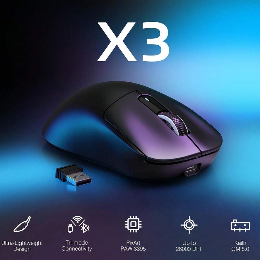 ATTACK SHARK X3 Wireless Gaming Mouse, 49g Ergonomic Computer Mouse, 3 Modes, PAW3395 26K DPI Optical Sensor, 200 Hours Battery Life, Programmable Buttons, Suitable For PC/Laptop/Windows Gaming Accessories