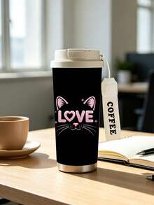 1pc/5pcs 500ml Cute Cat Heart Travel Mug, Double-Wall Stainless Steel Insulated Cup, Cute Pink Cat Ear & LOVE Letter Print Design, Portable Coffee Cup With COFFEE Print Lanyard, Leak-Proof Insulated Mug, Suitable For Daily Commute, Outdoor & Travel - Black-kitty Love - View 10