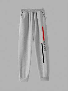 Street Style Boys Joggers, NEW YORK Letter & Contrast Vertical Stripe Print, Elastic Waist Cuffed Loose Fit Sweatpants, Spring/Autumn - Grey - View 2