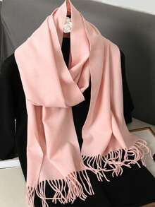 1pc Women's Casual Solid Color Cashmere Scarf, Suitable For Winter Morning And Evening Outings, Warm And Protective - Bright Pink - View 2