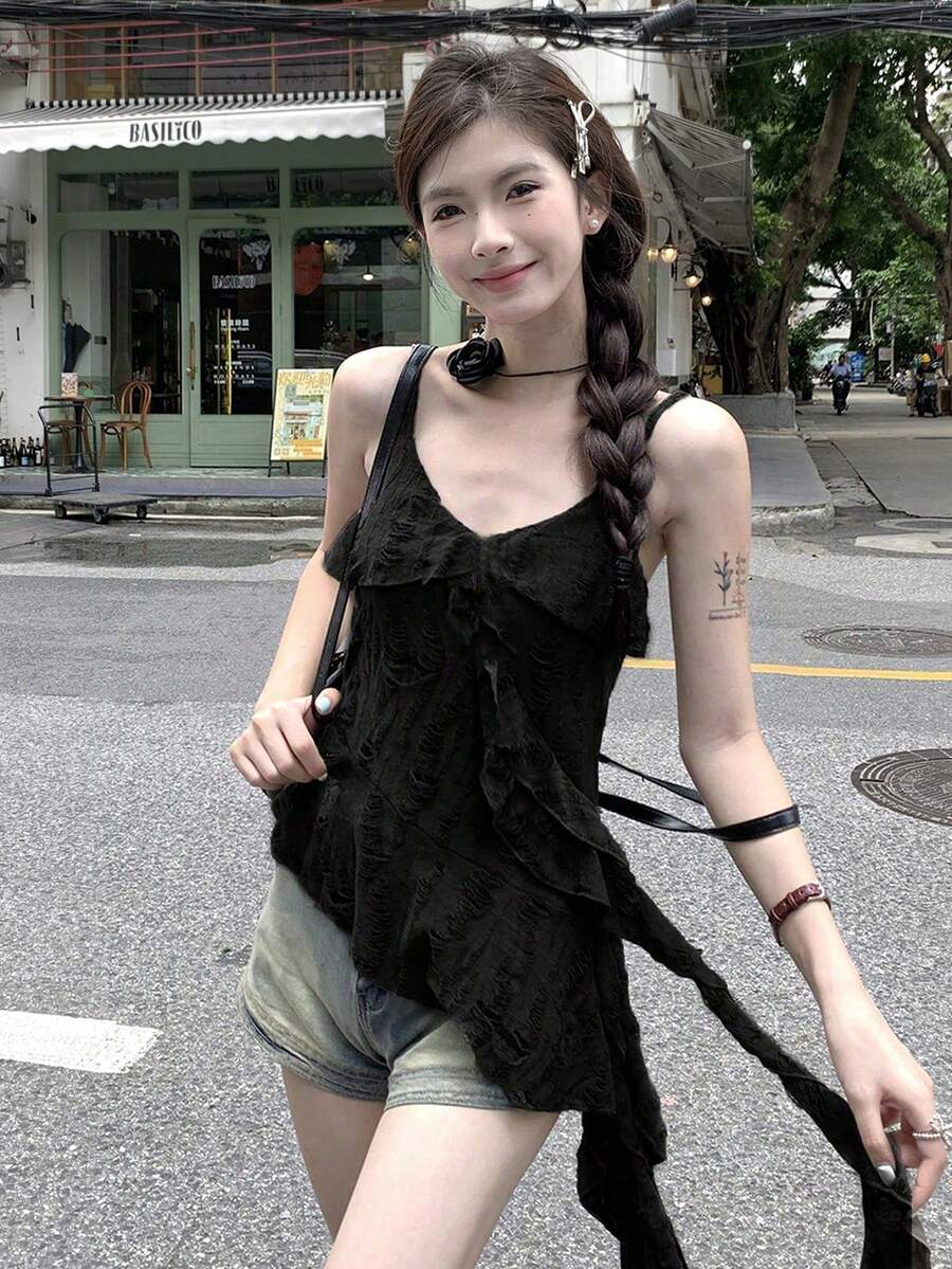 复古不对称荷叶边拼接做旧吊带背心，女士夏季休闲黑色款