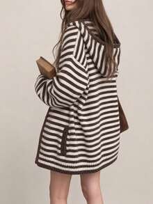 Women's Casual Striped Hooded Mid-Length Cardigan Sweater Jacket, Autumn/Winter - Coffee Brown - View 2
