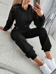 ChicMe Women's 2 Pieces Set: Lace Patchwork Kangaroo Pocket Drawstring Hoodie And Elastic Waist Jogger Pants, Casual And Fashionable For Black Elegant - Black - View 3