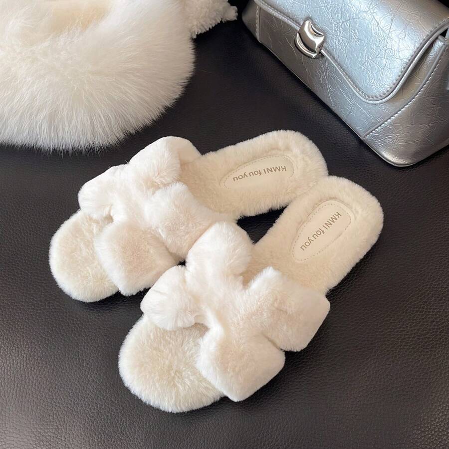 Women's Autumn/Winter Home Slippers, Fluffy Plush Open-Toe Solid Color Indoor Slippers, Comfortable Quiet Bedroom Floor Slippers, Soft Sole Lightweight Fuzzy Slippers