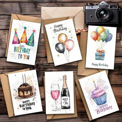 12 piezas Tarjetas de felicitación de cumpleaños con sobres (6 tarjetas + 6 sobres), tarjetas de bendición únicas, deseos de cumpleaños decorativos, adecuadas para Navidad, días festivos, aniversarios, agradecimientos, perfectas para familia, amigos y colegas