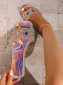 1 Pair Women's Bohemian Style Rhinestone Square Toe Slip-On Flat Sandals - Multicolor - View 1