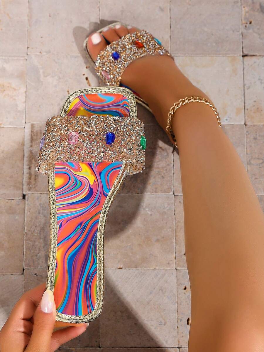 1 Pair Women's Bohemian Style Rhinestone Square Toe Slip-On Flat Sandals - Multicolor - View 1