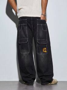 Modcrash Korean Style Men's Black Wide-Leg Jeans, Multi-Pocket Patchwork Embroidery, Niche Street Casual Pants, All-Season (Belt & Accessories Not Included) Fall/Autumn/Winter - Black - View 1