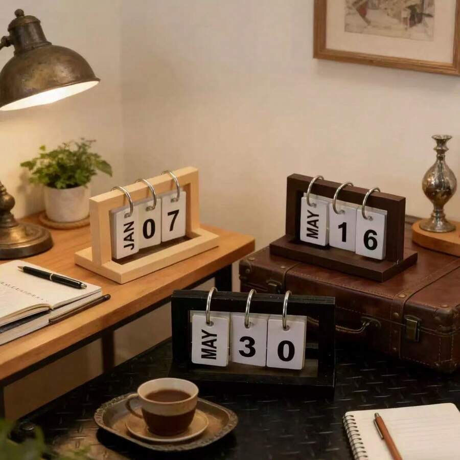 1pc Modern Minimalist Wooden Flip Calendar Perpetual Calendar Bedroom Desk Ornament Holiday Gift Decorative Table Calendar - Multi-color - View 1
