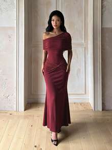 Summer, Elegant Dresses, Wedding Guest Dresses, Off-Shoulder Party Dresses, Women's Vacation Outfits, Suitable For Beaches, Festivals - Burgundy - View 1