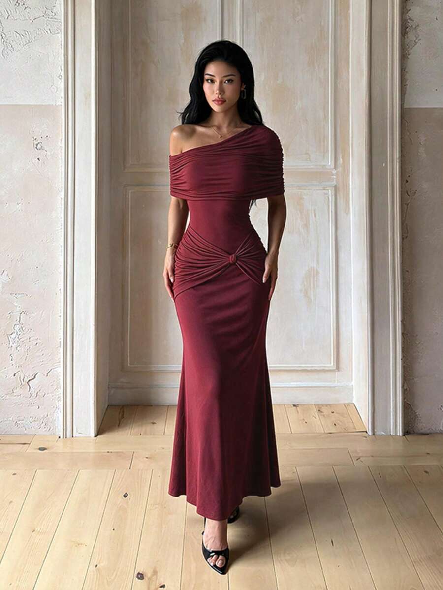 Summer, Elegant Dresses, Wedding Guest Dresses, Off-Shoulder Party Dresses, Women's Vacation Outfits, Suitable For Beaches, Festivals - Burgundy - View 1
