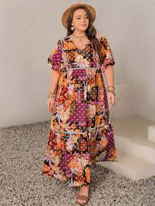 Rusttydustty Plus Size V-Neck Allover Print Short Sleeve Summer Dress - Red - View 3