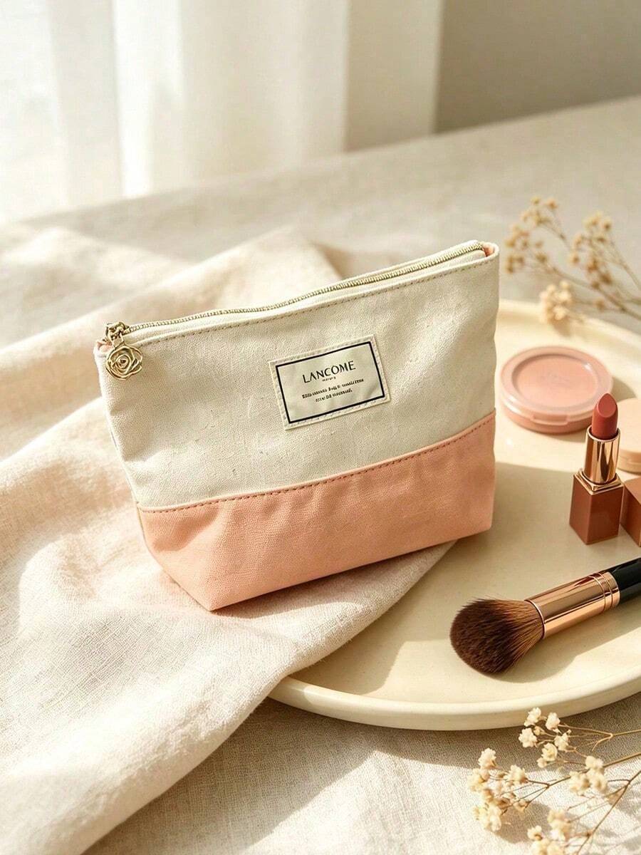 Lancôme Lancome Two‑Tone Fabric Cosmetic Pouch, Zipper Makeup Bag With Brand Label And Rose‑Shaped Zipper Pull, Portable And Durable For Travel, Suitable For Personal Use And Gift Giving, LANCOME‑GIFT‑20 - Red - View 1