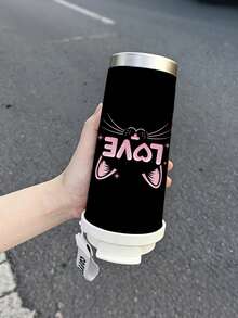 1pc/5pcs 500ml Cute Cat Heart Travel Mug, Double-Wall Stainless Steel Insulated Cup, Cute Pink Cat Ear & LOVE Letter Print Design, Portable Coffee Cup With COFFEE Print Lanyard, Leak-Proof Insulated Mug, Suitable For Daily Commute, Outdoor & Travel - Black-kitty Love - View 9