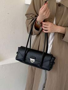 Women's Shoulder Bag, Metal Snap Lock Flap Design With Long Handle And Side Decorative Strap, Flap Snap Closure, Vintage Intellectual French Baguette Bag, French Minimalist Long Handbag Underarm Bag For Commuting And Dating - Black - View 5