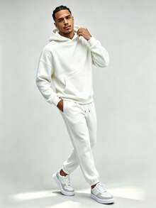 Men's Regular Fit Spring/Autumn Thin Solid Color Sports Sweatshirt & Sweatpants 2 Pieces Set - White - View 1