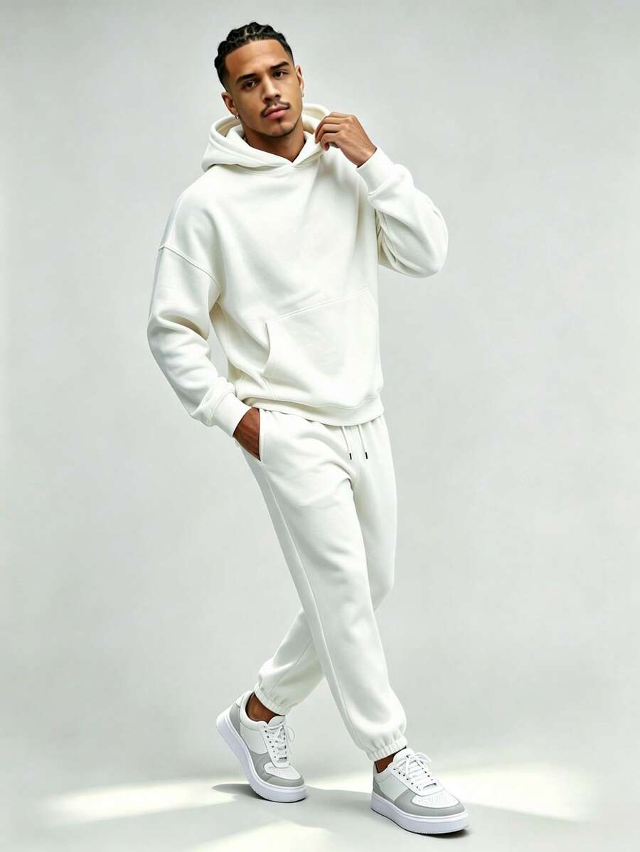 Men's Regular Fit Spring/Autumn Thin Solid Color Sports Sweatshirt & Sweatpants 2 Pieces Set - White - View 1