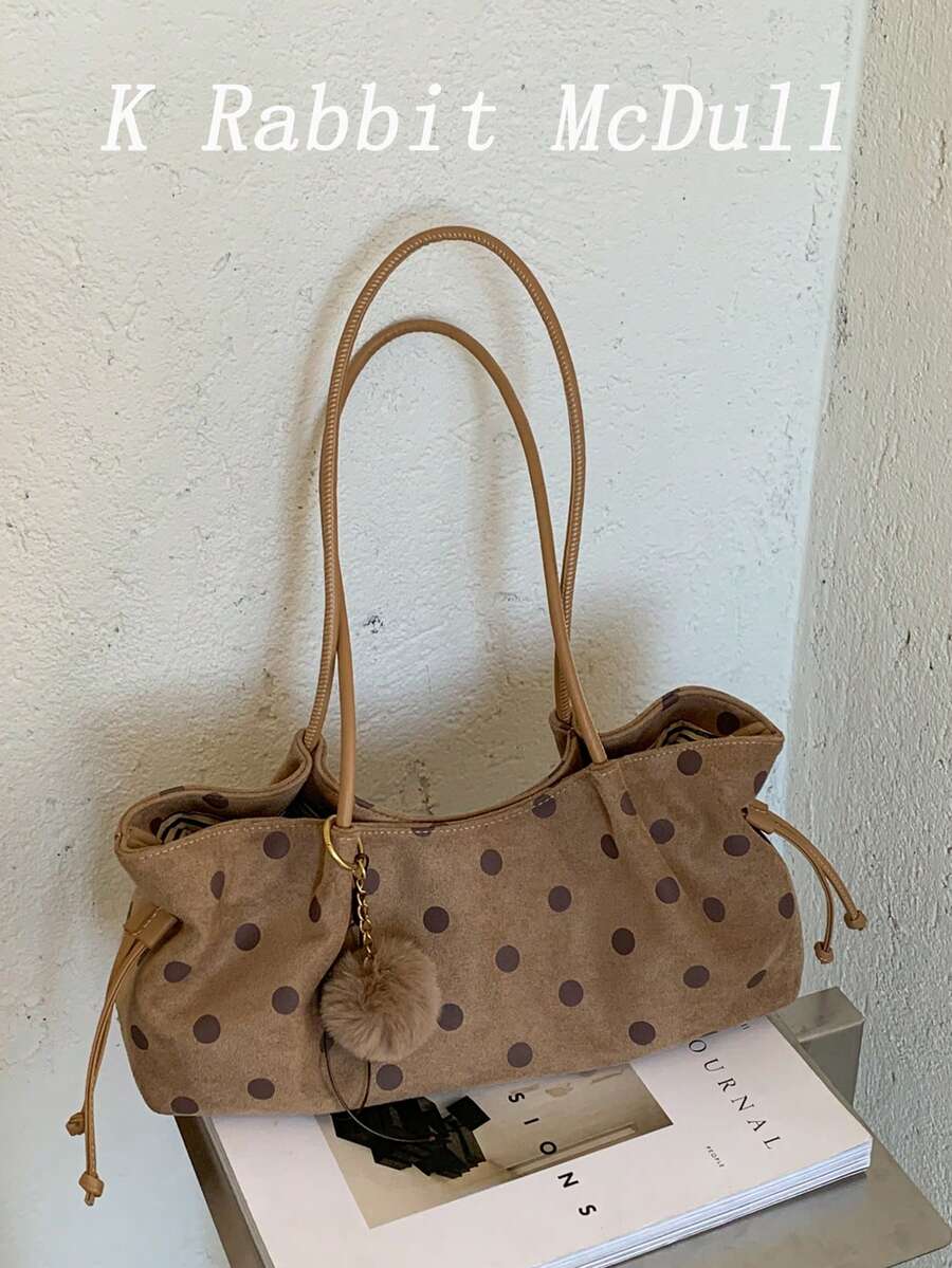 New Fall/Winter Fashionable Casual Polka-Dot Print Suede Large-Capacity Women's Shoulder Bag With Charms, Pleated Design Handbag