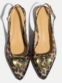 Leopard Print Women's New Mid-Heel Pointed Toe French Style Elegant Sandals With Heart Decoration And Single Strap, Comfortable And Non-Tiring Shoes For Skirts - Leopard - View 15