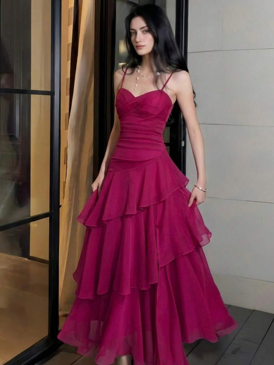 Elegant Asymmetric Ruffle Cami Dress, Suitable For Women, Minimalist Spaghetti Strap, Suitable For Party, Prom, Evening, Wedding, Back To School And Other Occasions, Suitable For Summer And Spring Wear.