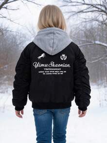 Girls' Spring/Autumn/Winter 2-In-1 Hooded Baseball Jacket, Street Style English Embroidery Patchwork Hoodie, Casual Thickened Jacket Outerwear, Ages 8-13 - Black - View 3