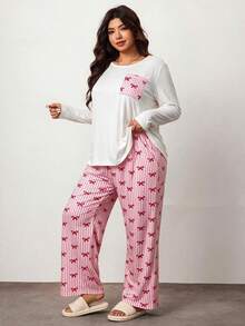 Plus Size Striped Bow Print Pajama Set, Long Sleeve Top With Pockets And Casual Pants Loungewear Set, Suitable For Autumn/Winter - Multicolor - View 1