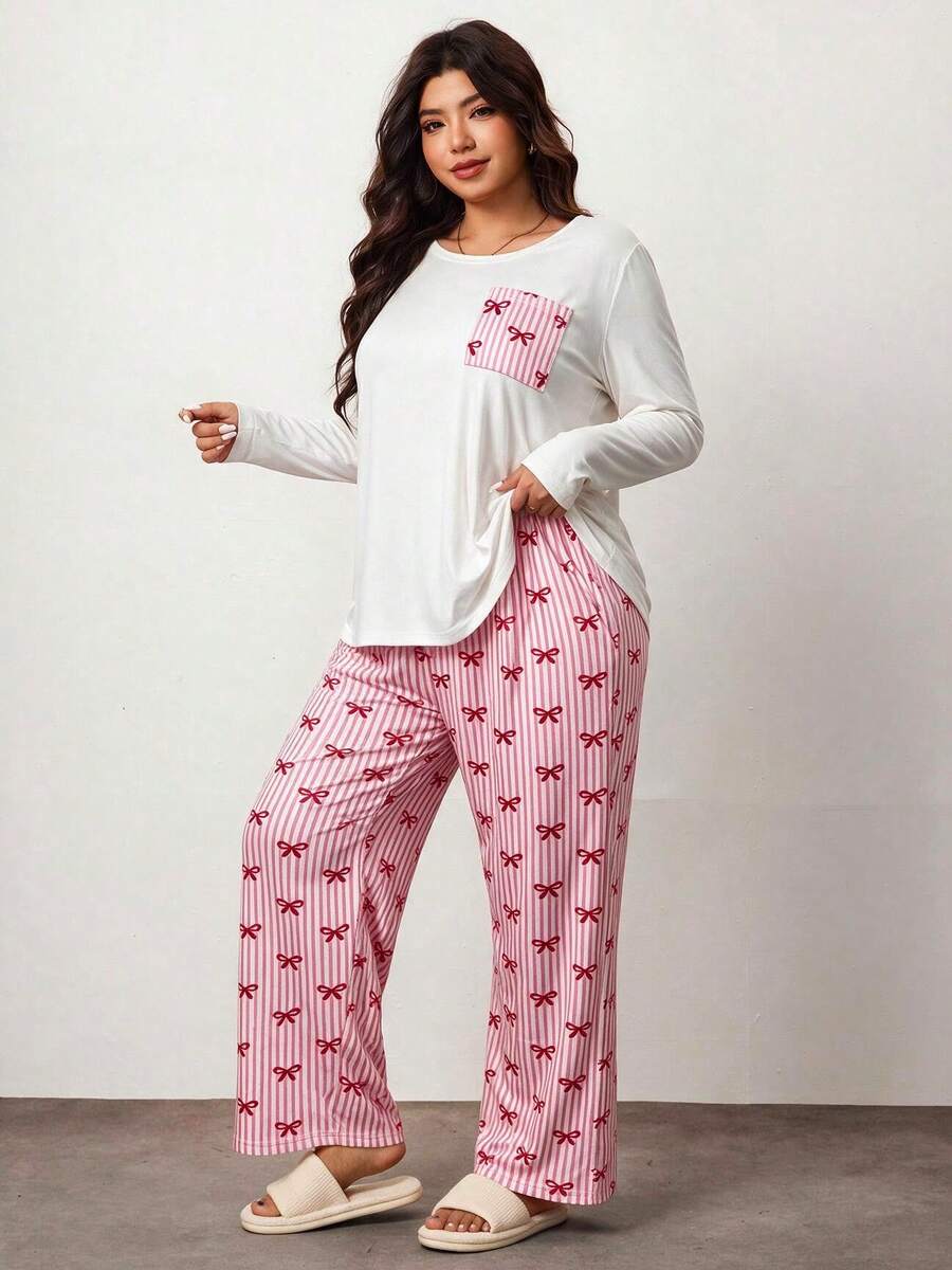 Plus Size Striped Bow Print Pajama Set, Long Sleeve Top With Pockets And Casual Pants Loungewear Set, Suitable For Autumn/Winter - Multicolor - View 1