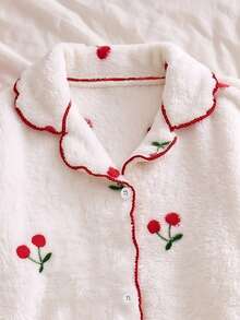 Cute Autumn/Winter Girls Cherry Print White Long Sleeve Open Front Pajama Set, Warm Comfortable Soft, Girls Home Casual - White - View 5
