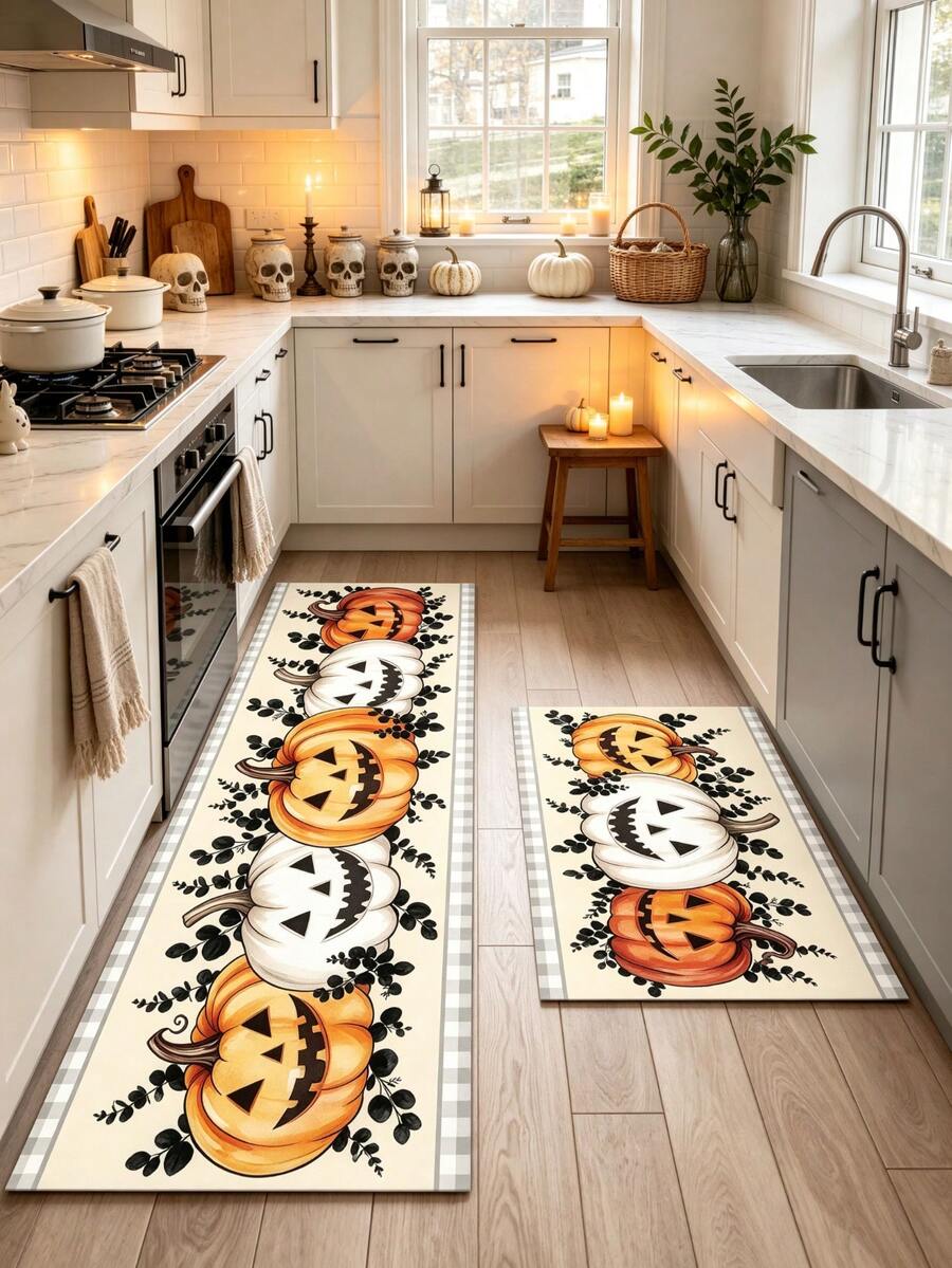 1/2pcs Halloween Pumpkin Pattern, Autumn Vintage Diatomaceous Earth Mat, Super Absorbent, Non-Slip, Perfect For Bathroom, Kitchen And Dining Room, Quick Dry, Ideal Gift For Home Decor And Bathroom Mat - Multicolor - View 1