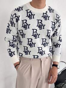 1pc Boys' Cool Personalized Vintage Letter Print Pullover Sweater, Autumn/Winter - White - View 2