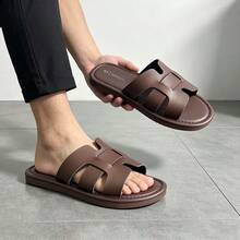 Men's H-Cut Faux Leather Slide Sandals, Casual Open Toe Flat Slip-On Slippers, Non-Slip Soft Sole Summer Sandals, Suitable For Daily Wear, Indoor, Outdoor, Beach, Walking And Vacation - Brown - View 4