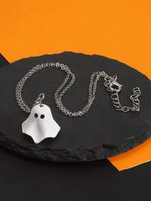 1pc Halloween Cute Cartoon Ghost Pendant Necklace, Halloween Jewelry - White - View 3