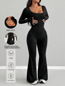 AiTyi Women Black U-Neck Flare Leg Jumpsuit, Slim Fit Casual Daily Wear, Suitable For Sports, Business, Basic Style, Yoga, Gym, Y2K, Ins Style, Back To School, Halloween, Autumn/Winter - Black - View 2