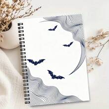 1本紫色與黑色格紋蝙蝠圖案A5螺旋筆記本，復古萬聖節風格，適合學生、學校、辦公室人員書寫，萬聖節禮物 - A - 查看 12
